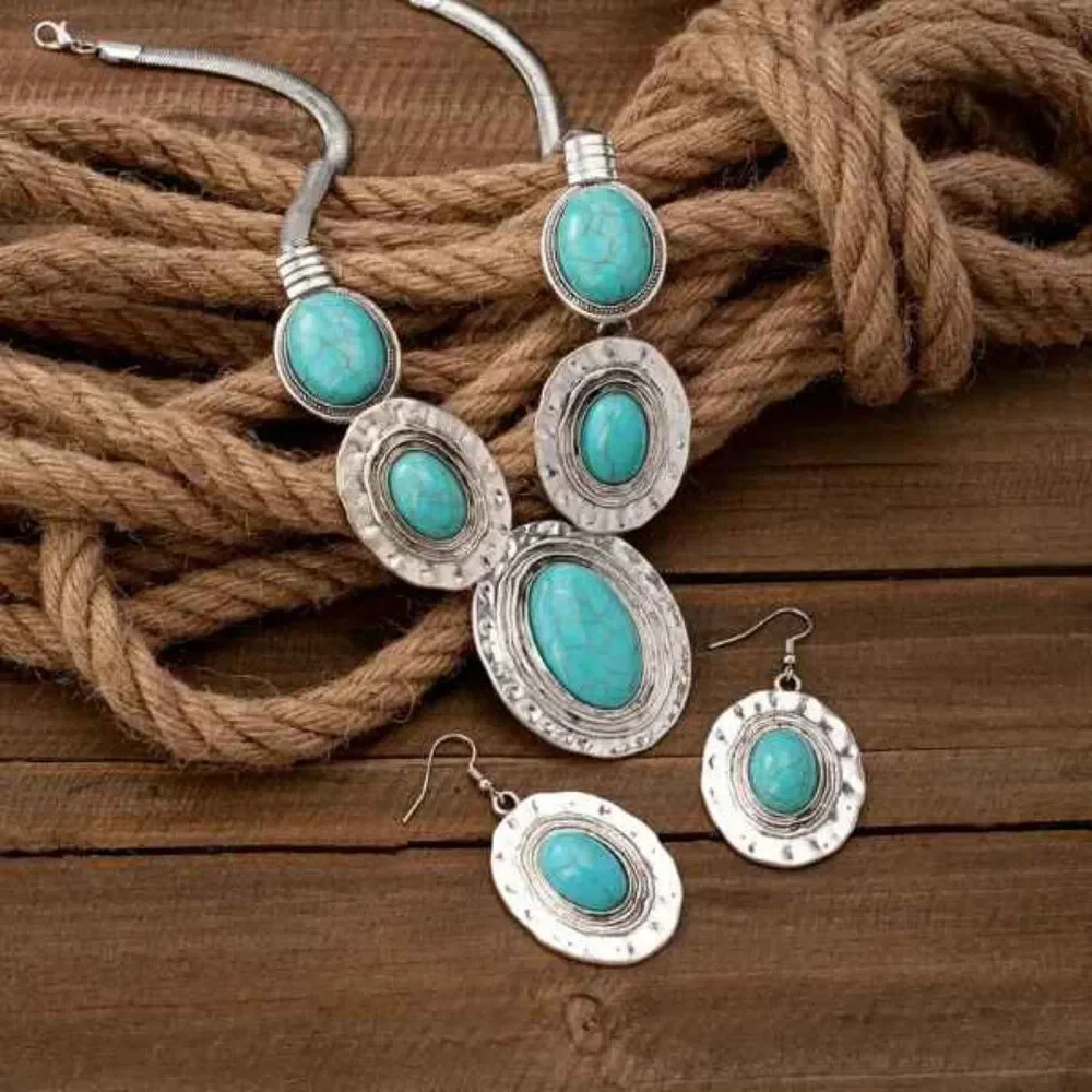 Western Boho Turquoise Silver Necklace and Earring Set
